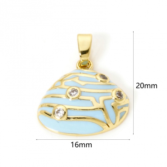 Picture of 2 PCs Brass Charm Pendant 18K Gold Plated Blue Shell Enamel Clear Cubic Zirconia 20mm x 16mm