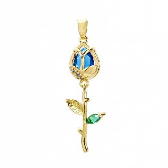 Picture of 2 PCs Brass Pendants 18K Gold Plated Tulip Flower Micro Pave Clear Cubic Zirconia Royal Blue Rhinestone 3.8cm x 1.2cm