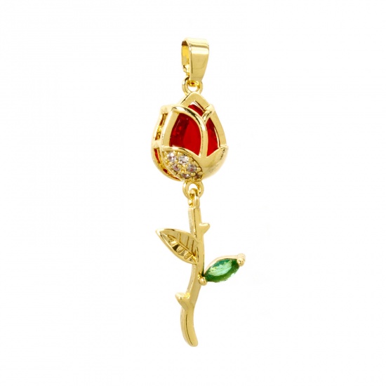 Picture of 2 PCs Brass Pendants 18K Gold Plated Tulip Flower Micro Pave Clear Cubic Zirconia Red Rhinestone 3.8cm x 1.2cm