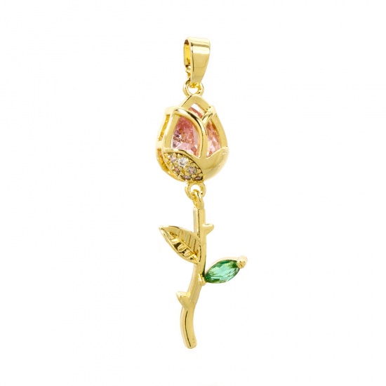 Picture of 2 PCs Brass Pendants 18K Gold Plated Tulip Flower Micro Pave Clear Cubic Zirconia Pink Rhinestone 3.8cm x 1.2cm