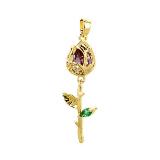 Picture of 2 PCs Brass Pendants 18K Gold Plated Tulip Flower Micro Pave Clear Cubic Zirconia Purple Rhinestone 3.8cm x 1.2cm