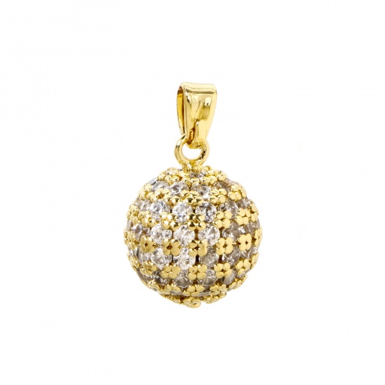 Picture of 2 PCs Brass Charm Pendant 18K Gold Plated Ball Micro Pave Clear Cubic Zirconia 19mm x 11.5mm