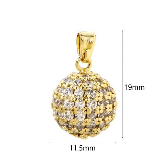 Picture of 2 PCs Brass Charm Pendant 18K Gold Plated Ball Micro Pave Clear Cubic Zirconia 19mm x 11.5mm