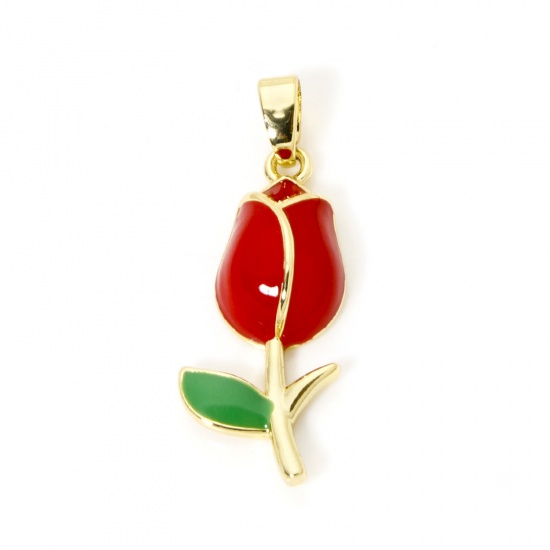 Picture of 2 PCs Brass Charm Pendant 18K Gold Plated Red Tulip Flower Enamel 29mm x 10mm