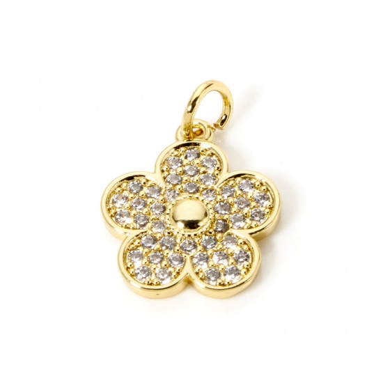 Picture of 2 PCs Brass Charms 18K Gold Plated Flower Micro Pave Clear Cubic Zirconia 19mm x 13.5mm