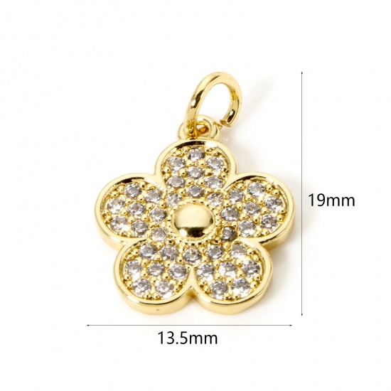 Picture of 2 PCs Brass Charms 18K Gold Plated Flower Micro Pave Clear Cubic Zirconia 19mm x 13.5mm