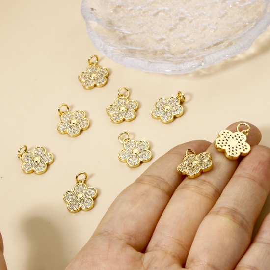 Picture of 2 PCs Brass Charms 18K Gold Plated Flower Micro Pave Clear Cubic Zirconia 19mm x 13.5mm