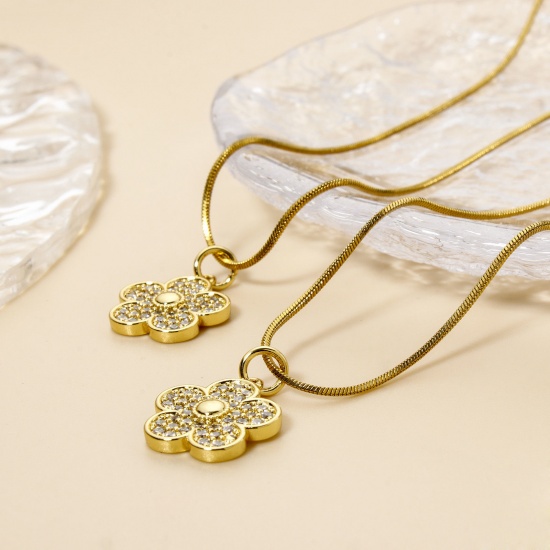 Picture of 2 PCs Brass Charms 18K Gold Plated Flower Micro Pave Clear Cubic Zirconia 19mm x 13.5mm