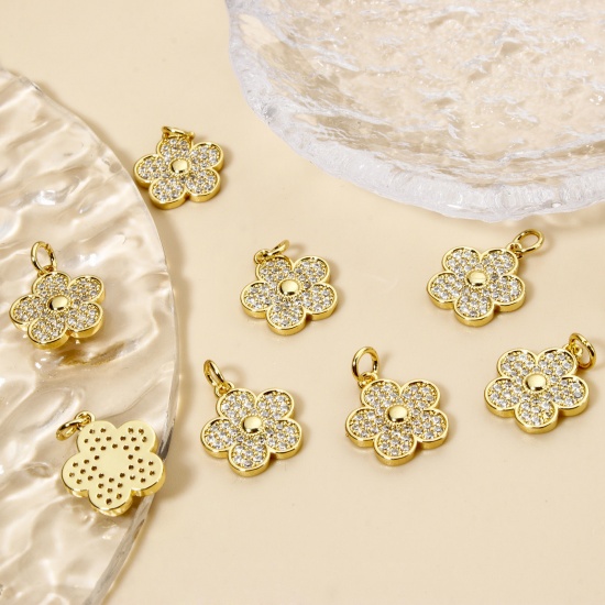 Picture of 2 PCs Brass Charms 18K Gold Plated Flower Micro Pave Clear Cubic Zirconia 19mm x 13.5mm