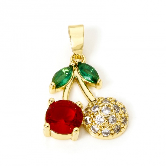 Picture of 2 PCs Brass Charms 18K Gold Plated Cherry Fruit Micro Pave Clear Cubic Zirconia Red Rhinestone 21mm x 14mm