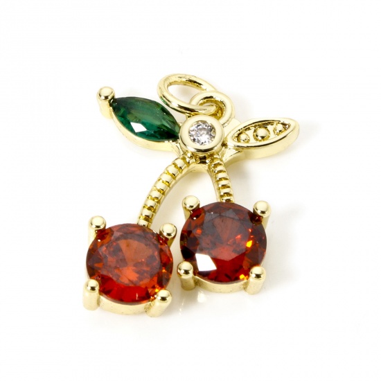 Picture of 2 PCs Brass Charms 18K Gold Plated Cherry Fruit Micro Pave Clear Cubic Zirconia Red Rhinestone 22mm x 15mm