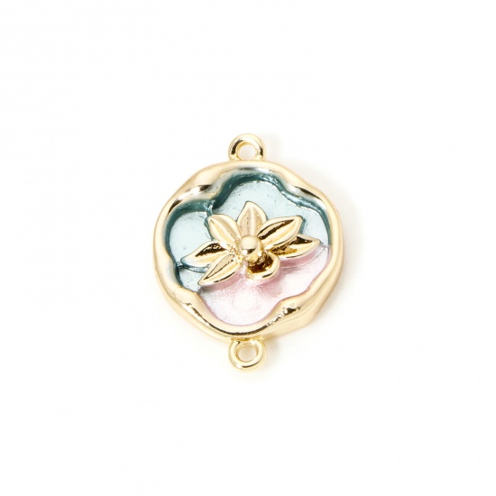 Image de 1 Pièce Connecteurs Pendentifs Breloques en Laiton Respectueux de la Nature Rond Fleur de Lotus Plaqué Or Véritable 18K Rose & Bleu Clair Émail 18mm x 13.5mm