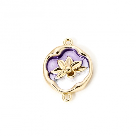 Image de 1 Pièce Connecteurs Pendentifs Breloques en Laiton Respectueux de la Nature Rond Fleur de Lotus Plaqué Or Véritable 18K Blanc & Violet Émail 18mm x 13.5mm