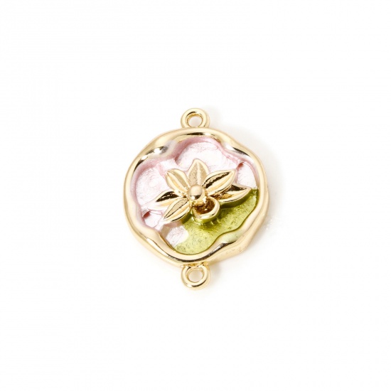 Image de 1 Pièce Connecteurs Pendentifs Breloques en Laiton Respectueux de la Nature Rond Fleur de Lotus Plaqué Or Véritable 18K Rose & Gris Émail 18mm x 13.5mm