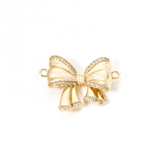 Picture of 1 Piece Eco-friendly Brass Clothes Connectors Charms Pendants Bowknot 18K Real Gold Plated 3D Clear Cubic Zirconia 24mm x 18mm