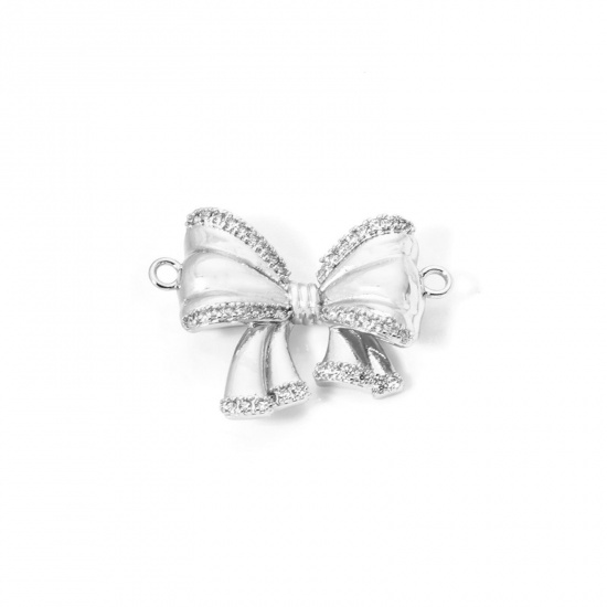 Picture of 1 Piece Eco-friendly Brass Clothes Connectors Charms Pendants Bowknot Real Platinum Plated 3D Clear Cubic Zirconia 24mm x 18mm