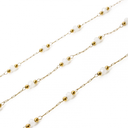 Picture of 1 M (Approx 3.28 Foot) Eco-friendly PVD Vacuum Plating 304 Stainless Steel Beaded Chain For Handmade DIY Jewelry Making Findings Silver Tone White 3mm