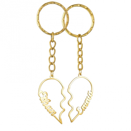 Picture of 1 Piece 304 Stainless Steel Customized Name Keychain Personalized Letter Pendant Broken Heart Gold Plated