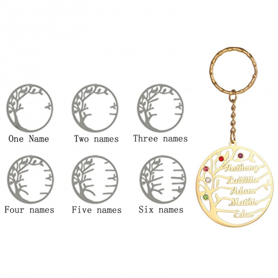 Picture of 1 Piece 304 Stainless Steel Customized Name Keychain Personalized Letter Pendant Tree of Life Gold Plated