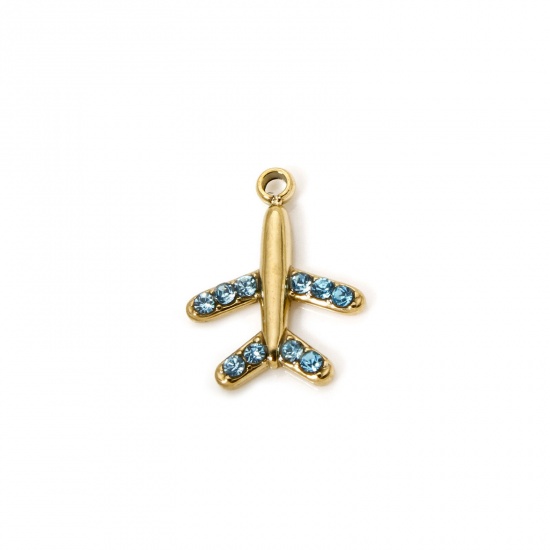 Immagine di 1 Pz Placcatura Sottovuoto PVD Ecologica 304 Acciaio Inossidabile Viaggio Ciondoli Aeroplano 14K Vero Oro Placcato Blu Cubic Zirconiae 14mm x 11mm