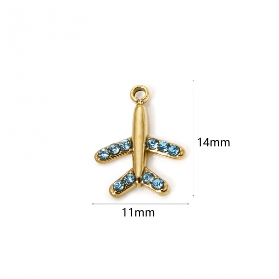 Immagine di 1 Pz Placcatura Sottovuoto PVD Ecologica 304 Acciaio Inossidabile Viaggio Ciondoli Aeroplano 14K Vero Oro Placcato Blu Cubic Zirconiae 14mm x 11mm
