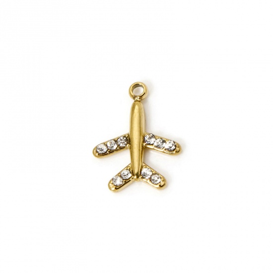 Immagine di 1 Pz Placcatura Sottovuoto PVD Ecologica 304 Acciaio Inossidabile Viaggio Ciondoli Aeroplano 14K Vero Oro Placcato Trasparente Cubic Zirconiae 14mm x 11mm
