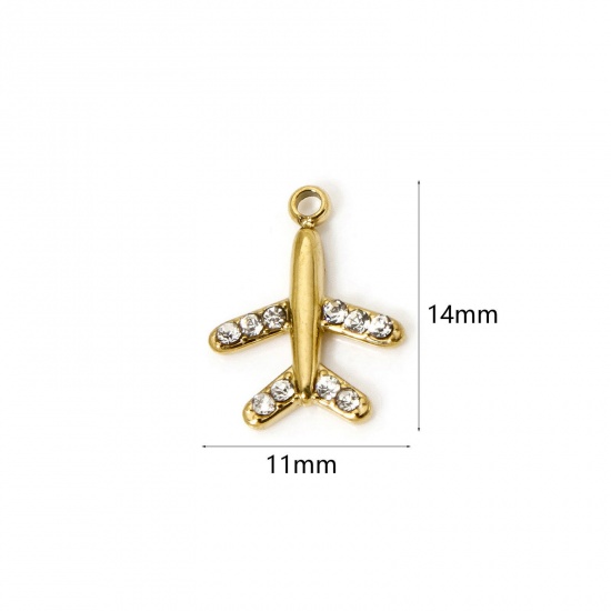 Immagine di 1 Pz Placcatura Sottovuoto PVD Ecologica 304 Acciaio Inossidabile Viaggio Ciondoli Aeroplano 14K Vero Oro Placcato Trasparente Cubic Zirconiae 14mm x 11mm