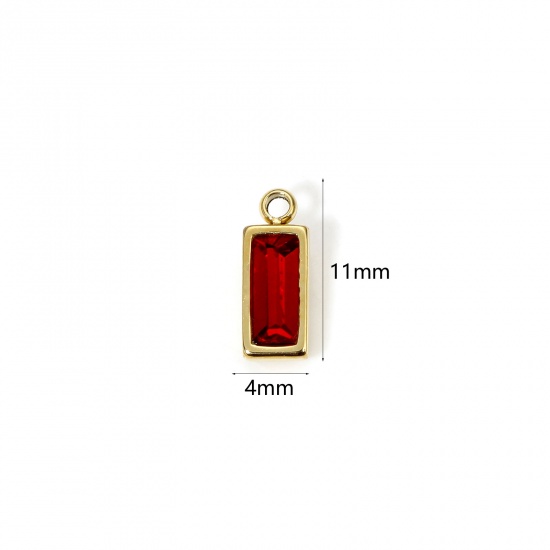 Picture of 1 Piece Eco-friendly PVD Vacuum Plating 304 Stainless Steel January Birthstone Charms 14K Real Gold Plated Rectangle Mini Wine Red Cubic Zirconia 11mm x 4mm
