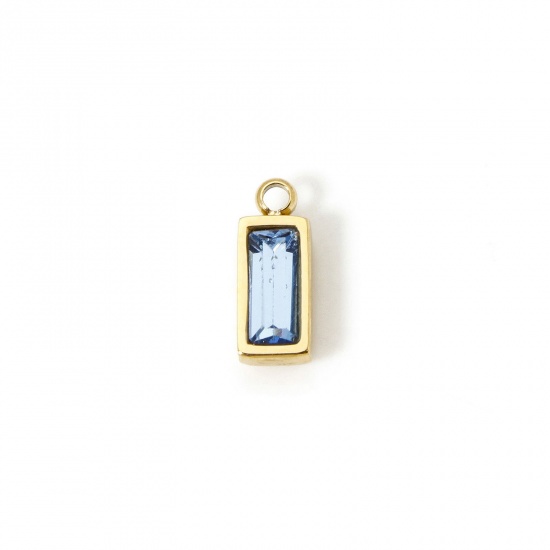 Picture of 1 Piece Eco-friendly PVD Vacuum Plating 304 Stainless Steel March Birthstone Charms 14K Real Gold Plated Rectangle Mini Aqua Blue Cubic Zirconia 11mm x 4mm