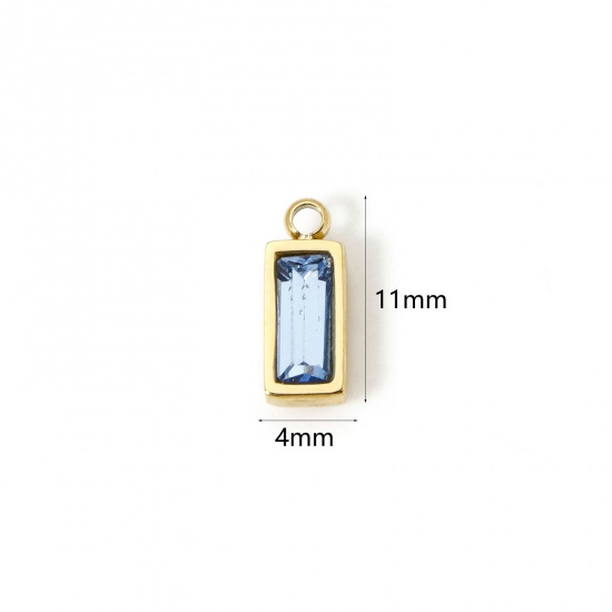 Picture of 1 Piece Eco-friendly PVD Vacuum Plating 304 Stainless Steel March Birthstone Charms 14K Real Gold Plated Rectangle Mini Aqua Blue Cubic Zirconia 11mm x 4mm