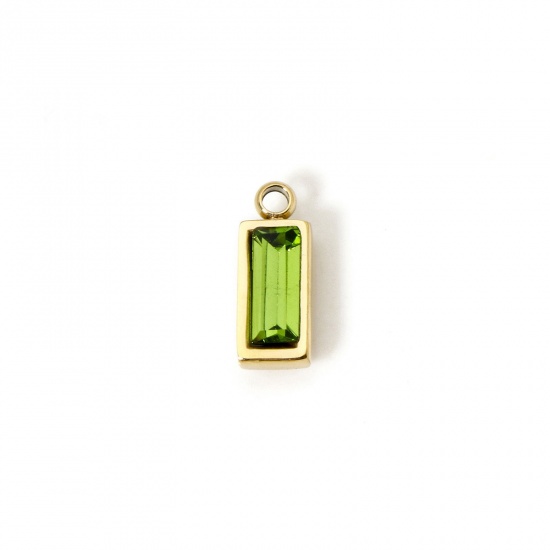 Picture of 1 Piece Eco-friendly PVD Vacuum Plating 304 Stainless Steel August Birthstone Charms 14K Real Gold Plated Rectangle Mini Olive Green Cubic Zirconia 11mm x 4mm