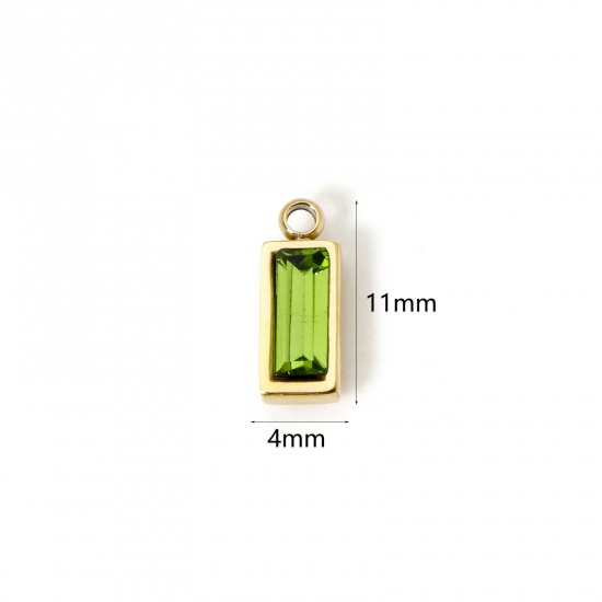 Picture of 1 Piece Eco-friendly PVD Vacuum Plating 304 Stainless Steel August Birthstone Charms 14K Real Gold Plated Rectangle Mini Olive Green Cubic Zirconia 11mm x 4mm