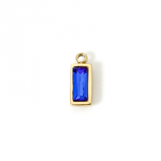 Picture of 1 Piece Eco-friendly PVD Vacuum Plating 304 Stainless Steel September Birthstone Charms 14K Real Gold Plated Rectangle Mini Royal Blue Cubic Zirconia 11mm x 4mm