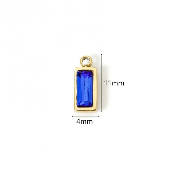Picture of 1 Piece Eco-friendly PVD Vacuum Plating 304 Stainless Steel September Birthstone Charms 14K Real Gold Plated Rectangle Mini Royal Blue Cubic Zirconia 11mm x 4mm