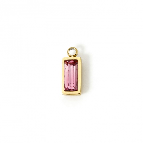 Picture of 1 Piece Eco-friendly PVD Vacuum Plating 304 Stainless Steel October Birthstone Charms 14K Real Gold Plated Rectangle Mini Fuchsia Cubic Zirconia 11mm x 4mm