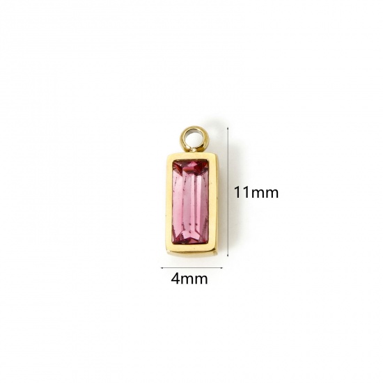 Picture of 1 Piece Eco-friendly PVD Vacuum Plating 304 Stainless Steel October Birthstone Charms 14K Real Gold Plated Rectangle Mini Fuchsia Cubic Zirconia 11mm x 4mm