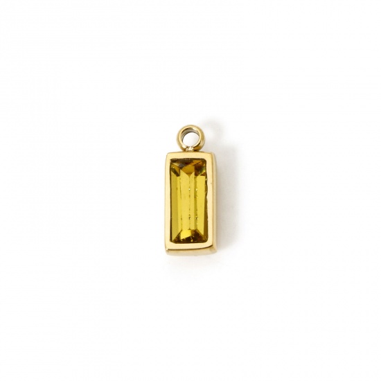 Picture of 1 Piece Eco-friendly PVD Vacuum Plating 304 Stainless Steel November Birthstone Charms 14K Real Gold Plated Rectangle Mini Yellow Cubic Zirconia 11mm x 4mm