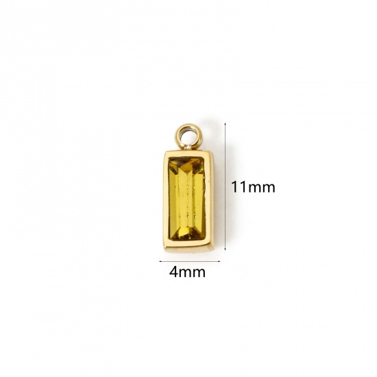 Picture of 1 Piece Eco-friendly PVD Vacuum Plating 304 Stainless Steel November Birthstone Charms 14K Real Gold Plated Rectangle Mini Yellow Cubic Zirconia 11mm x 4mm
