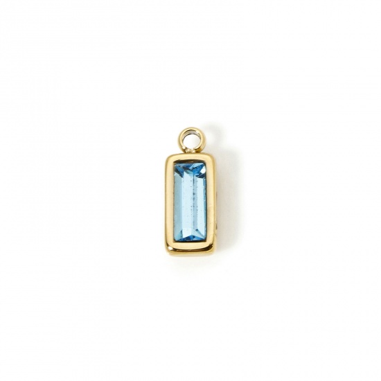 Picture of 1 Piece Eco-friendly PVD Vacuum Plating 304 Stainless Steel December Birthstone Charms 14K Real Gold Plated Rectangle Mini Light Blue Cubic Zirconia 11mm x 4mm