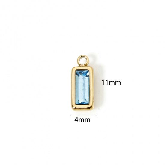 Picture of 1 Piece Eco-friendly PVD Vacuum Plating 304 Stainless Steel December Birthstone Charms 14K Real Gold Plated Rectangle Mini Light Blue Cubic Zirconia 11mm x 4mm