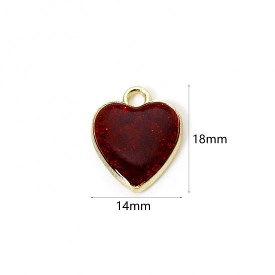 Imagen de 20 Unidades Zamak día de San Valentín Colgantes Chapado en Oro Rojo Glitter Corazón Esmalte 18mm x 14mm