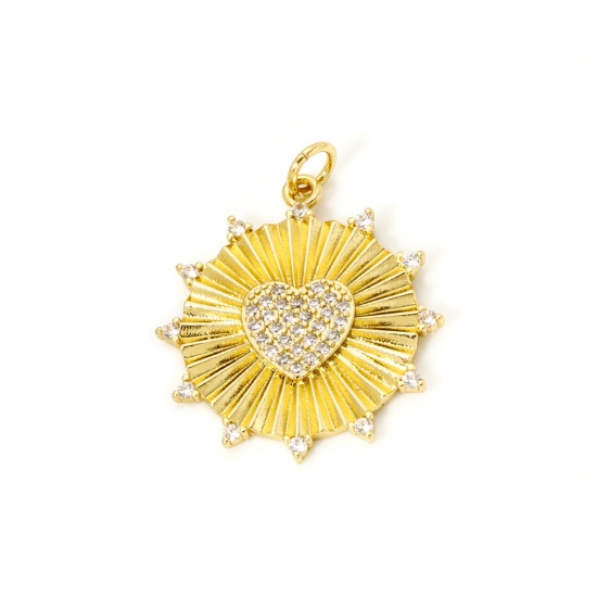 Image de 1 Pièce Breloques La Saint Valentin en Laiton Respectueux de la Nature Cœur Plaqué Or Véritable 18K Rayons de Soleil Micro Pave à Zircone Cubique Clair 28mm x 22mm