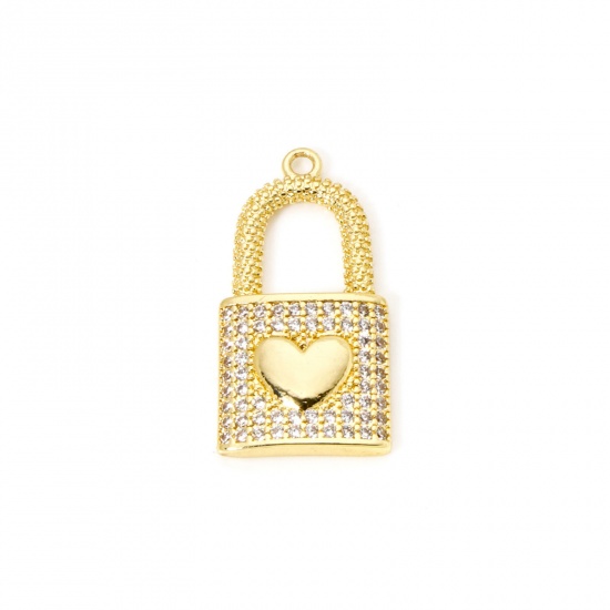 Image de 1 Pièce Breloques La Saint Valentin en Laiton Respectueux de la Nature Serrure Plaqué Or Véritable 18K Cœur Micro Pave à Zircone Cubique Clair 29mm x 14.5mm