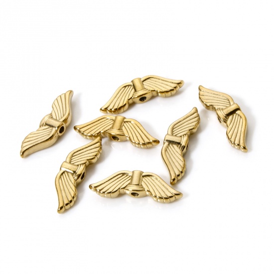 Picture of 5 PCs Eco-friendly Vacuum Plating 304 Stainless Steel Beads For DIY Jewelry Making 18K Real Gold Plated Wing 21mm x 7mm, Hole: Approx 1.5mm