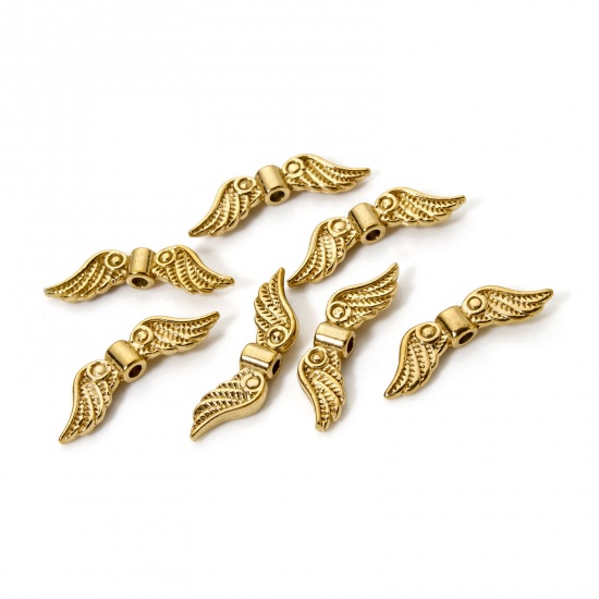 Picture of 5 PCs Eco-friendly Vacuum Plating 304 Stainless Steel Beads For DIY Jewelry Making 18K Real Gold Plated Wing 21mm x 6mm, Hole: Approx 1.4mm