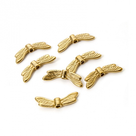 Picture of 5 PCs Eco-friendly Vacuum Plating 304 Stainless Steel Beads For DIY Jewelry Making 18K Real Gold Plated Dragonfly Animal Wing 19mm x 6.5mm, Hole: Approx 1.4mm