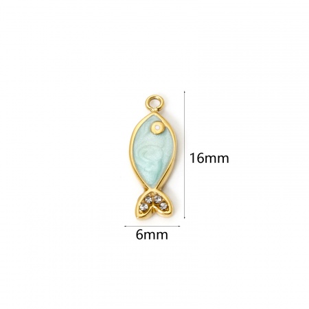 Picture of Eco-friendly PVD Vacuum Plating 304 Stainless Steel Ocean Jewelry Charms 14K Real Gold Plated Multicolor Fish Animal Enamel Clear Rhinestone 16mm x 6mm
