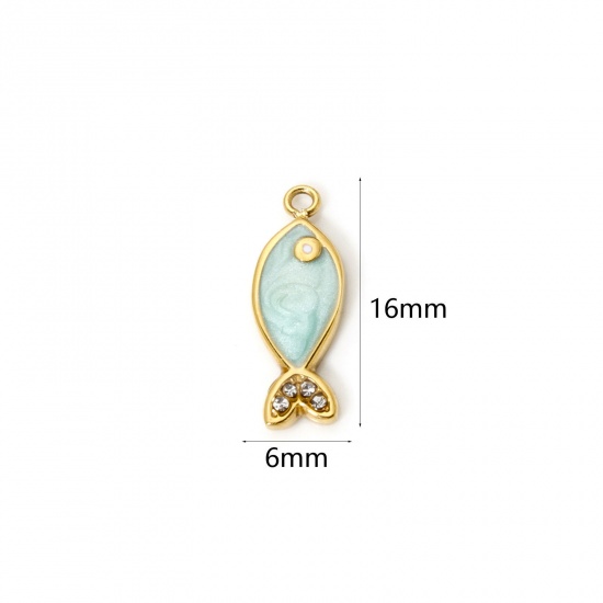 Picture of 1 Piece Eco-friendly PVD Vacuum Plating 304 Stainless Steel Ocean Jewelry Charms 14K Real Gold Plated Light Green Fish Animal Enamel Clear Rhinestone 16mm x 6mm