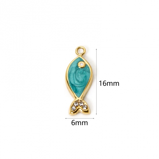 Picture of 1 Piece Eco-friendly PVD Vacuum Plating 304 Stainless Steel Ocean Jewelry Charms 14K Real Gold Plated Peacock Green Fish Animal Enamel Clear Rhinestone 16mm x 6mm