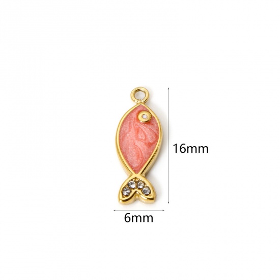 Picture of 1 Piece Eco-friendly PVD Vacuum Plating 304 Stainless Steel Ocean Jewelry Charms 14K Real Gold Plated Orange Pink Fish Animal Enamel Clear Rhinestone 16mm x 6mm